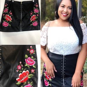 Embroidered Faux Leather Skirt